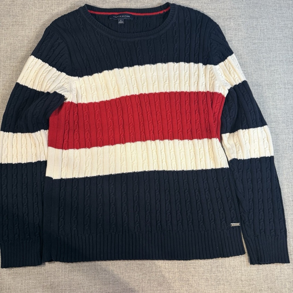 Tommy Hilfiger Cable Knit Sweater Mens XL Navy Red Cream Striped Crewneck